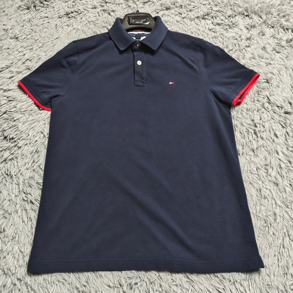 Tommy Hilfiger Polo Mens Small S Navy Blue Cotton Pique Short Sleeve Custom Fit